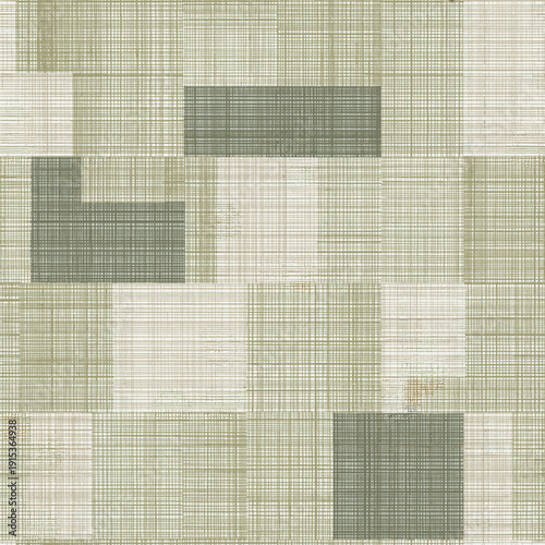 Patchwork geometric pattern creating a seamless textured background. Seamless collage of muted sage and khaki rectangular shapes with woven fabric texture