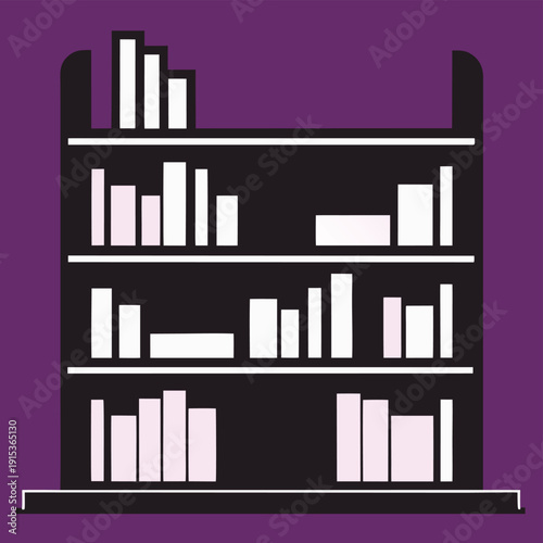 Stylized Bookshelf with Rows of Books in Various Sizes and Colors on Purple Background 