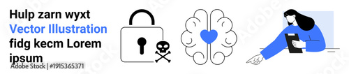 Cybersecurity, mental health, creativity, education, medical research, self-reflection. Brain with heart shape, lock and skull icon woman holding a notebook. Cybersecurity and mental health concepts