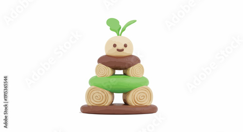 Cute clay character with sprout head, brown body, and green base, isolated on white background, whimsical design
