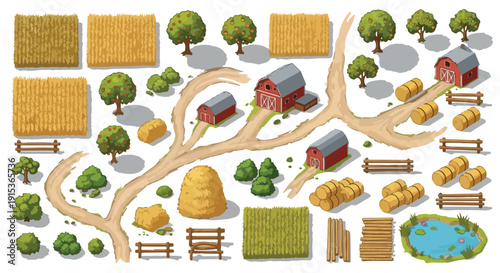 Isometric vector farm elements set with red barns, hay bales, green trees, dirt roads, wooden fences, and a pond, isolated on transparent background.