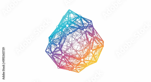 Abstract geometric shape with connected nodes and lines, rendered in a vibrant rainbow gradient, isolated on white background.