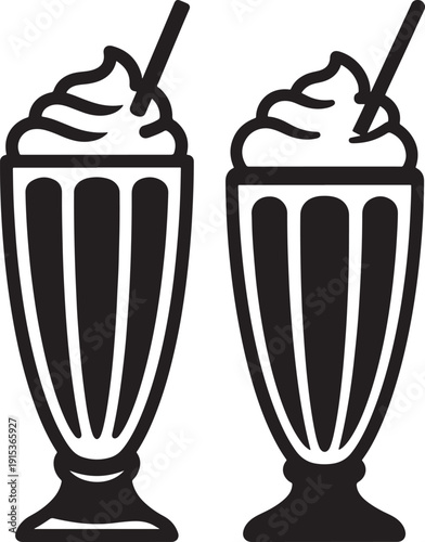 Two Classic Milkshakes with Straws, Black and White Icons - Representing Dessert, Nostalgia, and Diner Treats