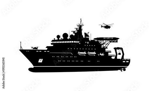 Military Amphibious Assault Ship with Helicopter Vector Illustration