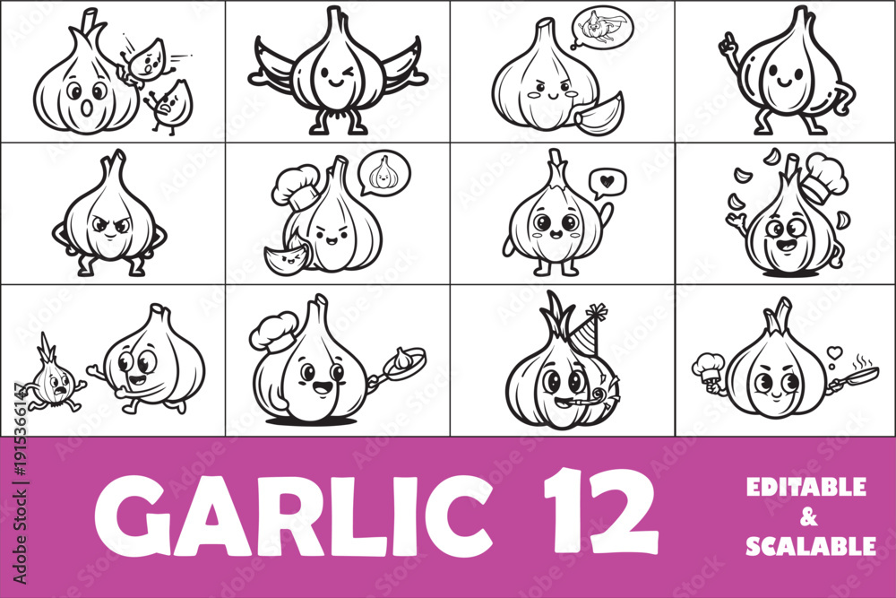 Fototapeta premium Cute Cartoon Garlic Character Funny Scene, Happy Vegetable Mascot Line Vector Illustration