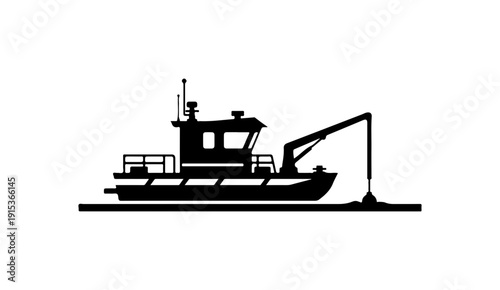 Black and White Vector Illustration of a Tugboat with Crane