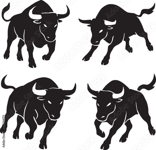 Silhouette of a Bull run in different posse , front of view , clear angels, clear body and cuts in black and white silhouette vector with transparent background 