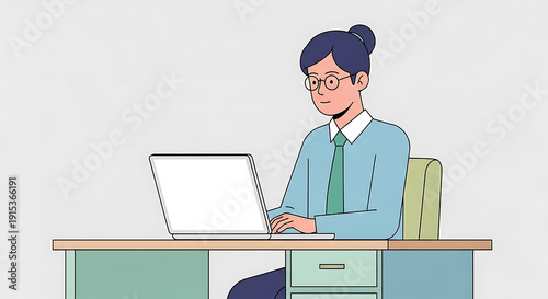 Professional Office Employee Working on Laptop at Desk Flat Vector Illustration.