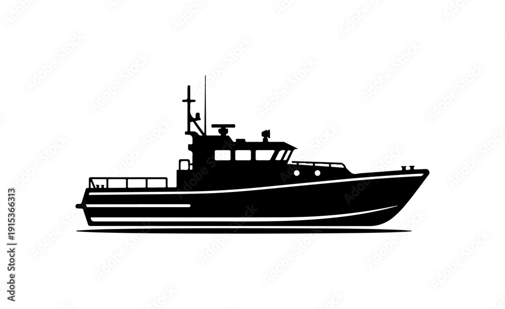 Obraz premium Black and White Vector Illustration of a Fishing Boat