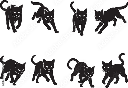 Silhouette of a Cats run in different posse , front of view , clear angels, clear body and cuts in black and white silhouette vector with transparent background 