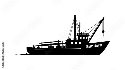 Black and White Vector Illustration of a Cargo Ship Named Sunderh