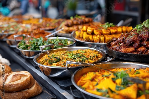 Closeup of diverse savory dishes in metal serving trays at a buffet