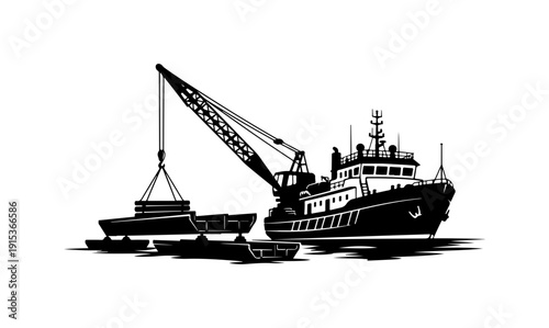 Crane Ship Launching Small Vessel - Industrial Maritime Vector Art