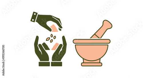 Hands preparing natural herbal medicine ingredients with a mortar and pestle, symbolizing traditional pharmacy, alternative health, and organic remedies.