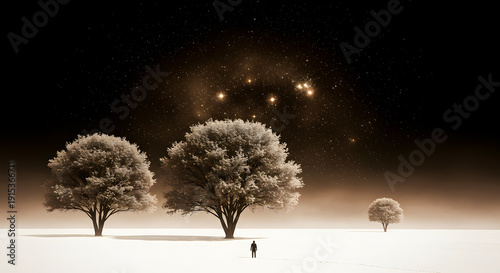 A lone figure stands amidst snow-covered trees under a starry night sky in a serene winter landscape view 21994.JPG