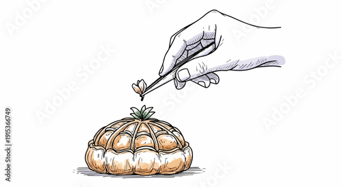 Hand delicately garnishing a gourmet dessert with a small flower using tweezers, showcasing precision and culinary artistry in a sketch illustration.