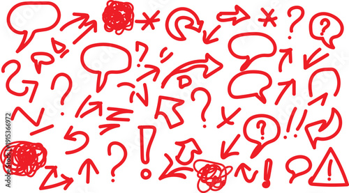 A collection of red hand drawn punctuation and symbol icons on a white background