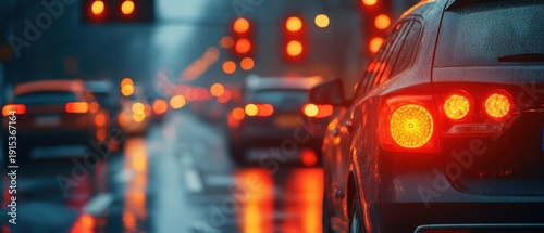 Evening City Traffic with Rainy Conditions and Red Stop Lights