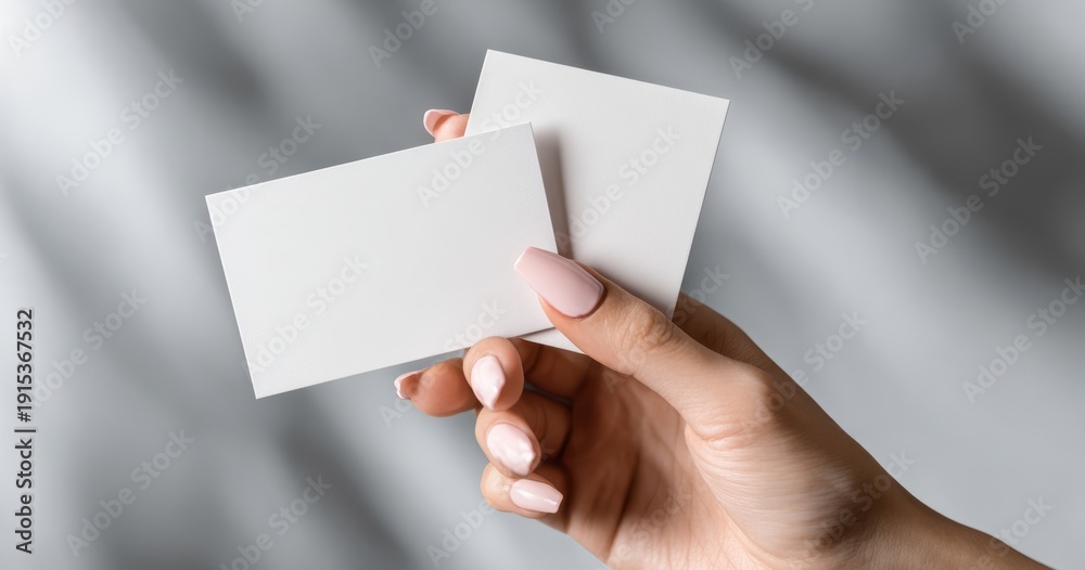 Obraz premium The blank business cards held by a manicured hand for branding mockup