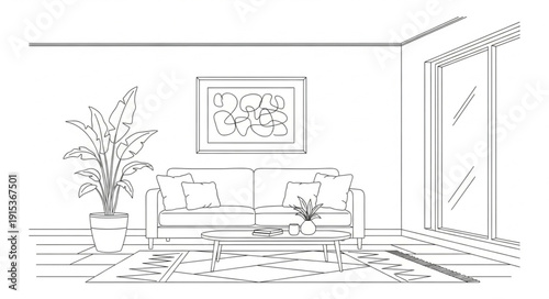 Living room interior sketch with sofa rug and plant.