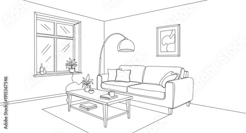 Living room sketch with furniture and window.