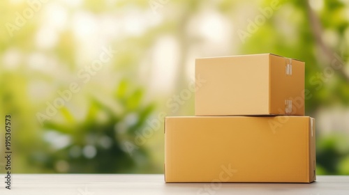 Two Stacked Brown Boxes on a Wooden Surface with Blurred Background