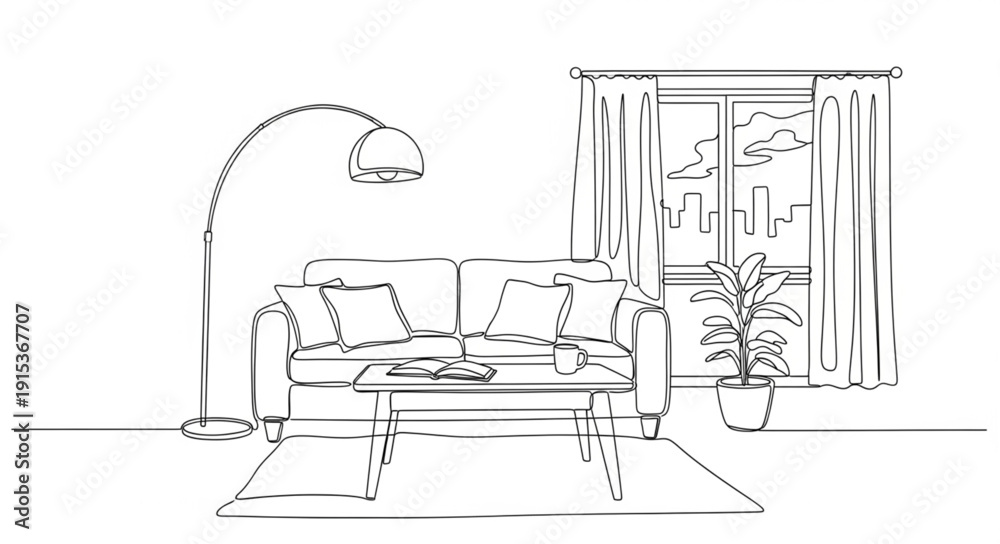 Fototapeta premium Living room sketch with sofa and lamp.