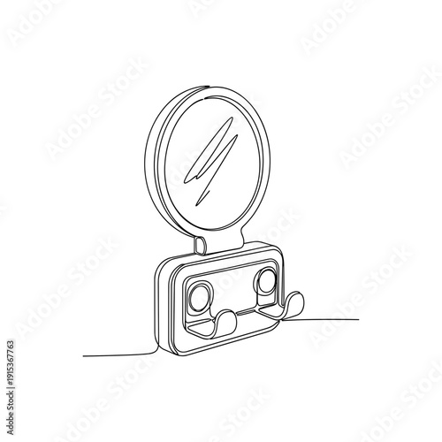 Round mirror with wall hooks in minimalist black line style