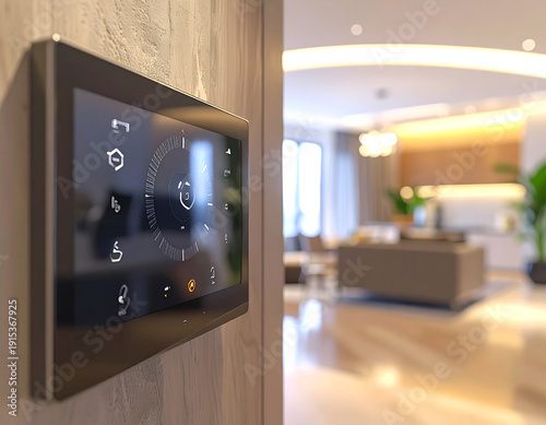 A smart home device is on a wall in a living room. The device has a screen that shows the time and the temperature