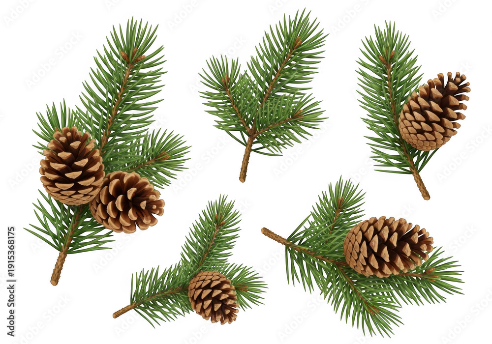 Fototapeta premium Pine branches with pinecones on a black background