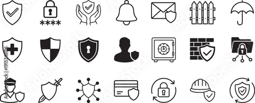 Protection web icon set with shield, lock and security symbols. Editable stroke vector EPS.