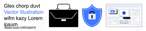 Free Download Data protection, digital security, business management, corporate tools, secure networks, online platforms. A briefcase, shield with lock and digital dashboard icons. Data protection and digital - GFXLoad