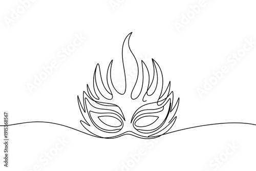 Masquerade mask with flame motifs drawn in continuous line art isolated on white background