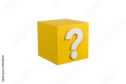 Yellow mystery box with white question mark symbol 3D render isolated on white background