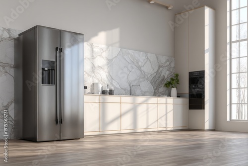 Contemporary residential kitchen interior featuring stainless steel appliances and marble backsplash