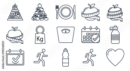 Healthy Lifestyle Icons: Diet, Exercise, Weight Loss, Fitness, Nutrition