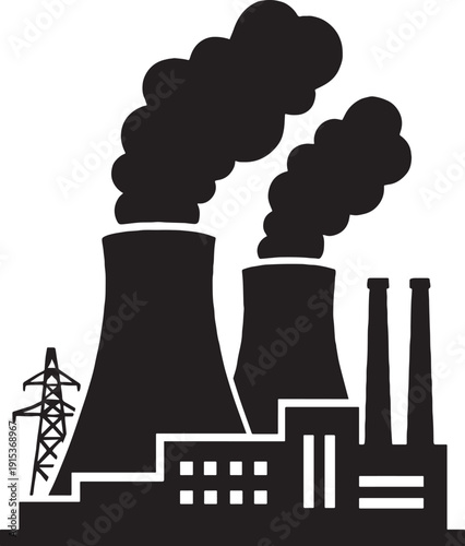 silhouette of a thermal plant , front of view , clear angels, clear body and cuts in black and white silhouette with transparent background
