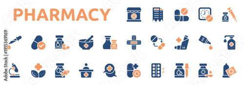 Pharmacy icon set two color style with receipt, pills, dose, vaccination, pipette, generic drug, vitamin, compounded medicine, pharmaceutical, laboratory icons