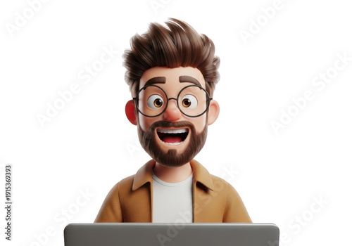 Excited cartoon man with glasses working on laptop