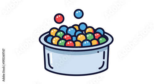 Cartoon style illustration of a container filled with multicolored balls on a white backdrop