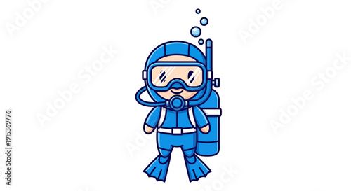 Cartoon scuba diver in blue suit with bubbles rising, perfect for children's illustrations and