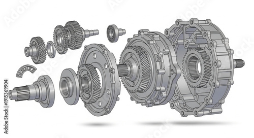 Disassembled Mechanical Gearbox Parts Illustration.