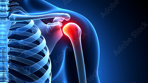 Human shoulder anatomy with glowing red pain point on humerus joint bone image