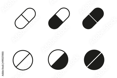 Six distinct pill shapes and color variations in a black and white illustration