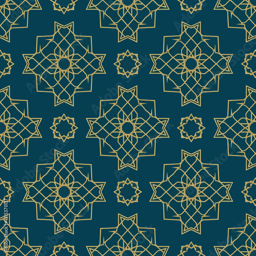Seamless Geometric Pattern of Golden Islamic Star Motifs.