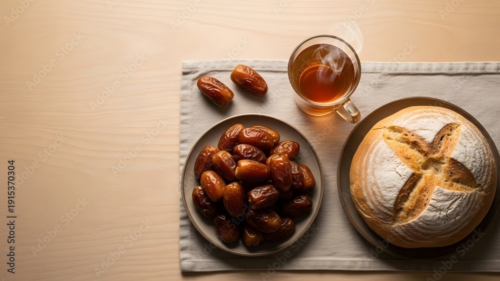 Obraz premium Overhead shot of a wholesome breakfast or snack with sweet dates, hot tea, and a rustic bread loaf, artfully arranged on a natural mat