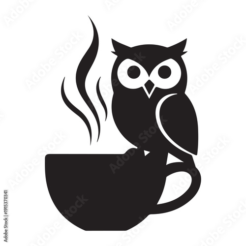 Owl Silhouette Sitting on Steaming Coffee Cup, Minimalist Morning Caffeine Bird Vector Icon
