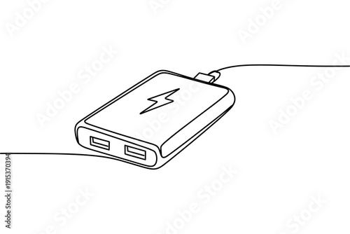 Portable Power Bank with Bolt Symbol Charging Device Connected by Wire Line Art