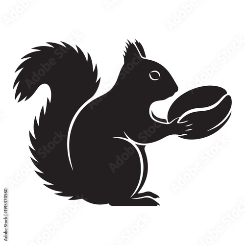 Cute squirrel holding coffee bean silhouette. Vector illustration of funny animal with nut logo icon.
