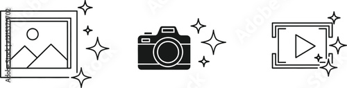 A minimalist illustration of a camera and video icons with sparkles on a white background